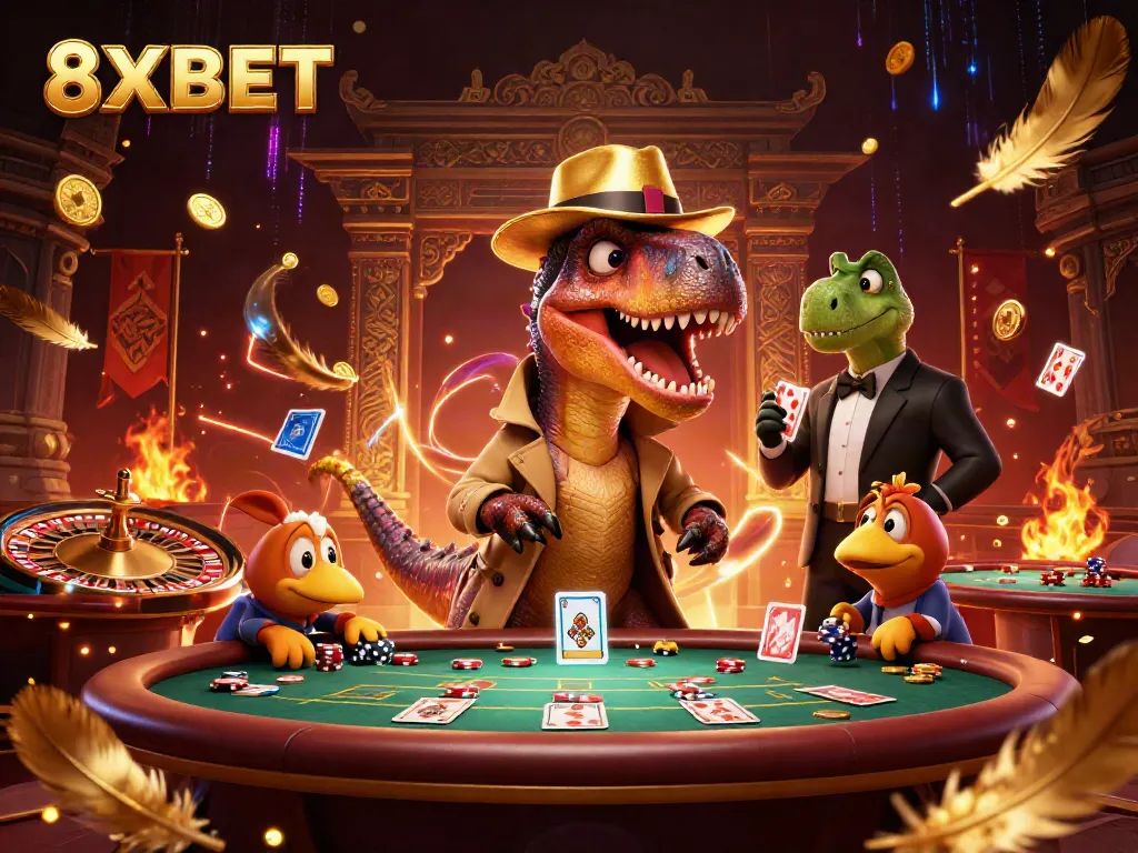 Experience 8XBET's thrilling live casino action with a cartoon velociraptor at a blackjack table.