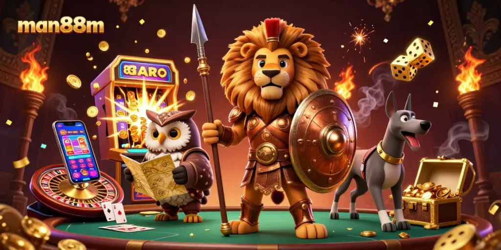 Engage with man88m in this vibrant live casino scene showcasing a 3D Spartan lion and dynamic gaming elements.