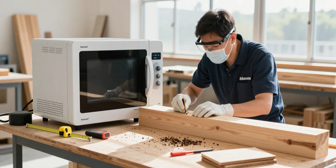 Shashel microwave technology in action for wood treatment, technician using equipment.