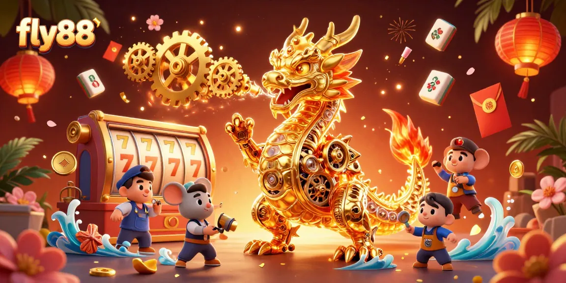 Experience the excitement of fly88 with a vibrant, detailed casino-themed illustration featuring slot elements.