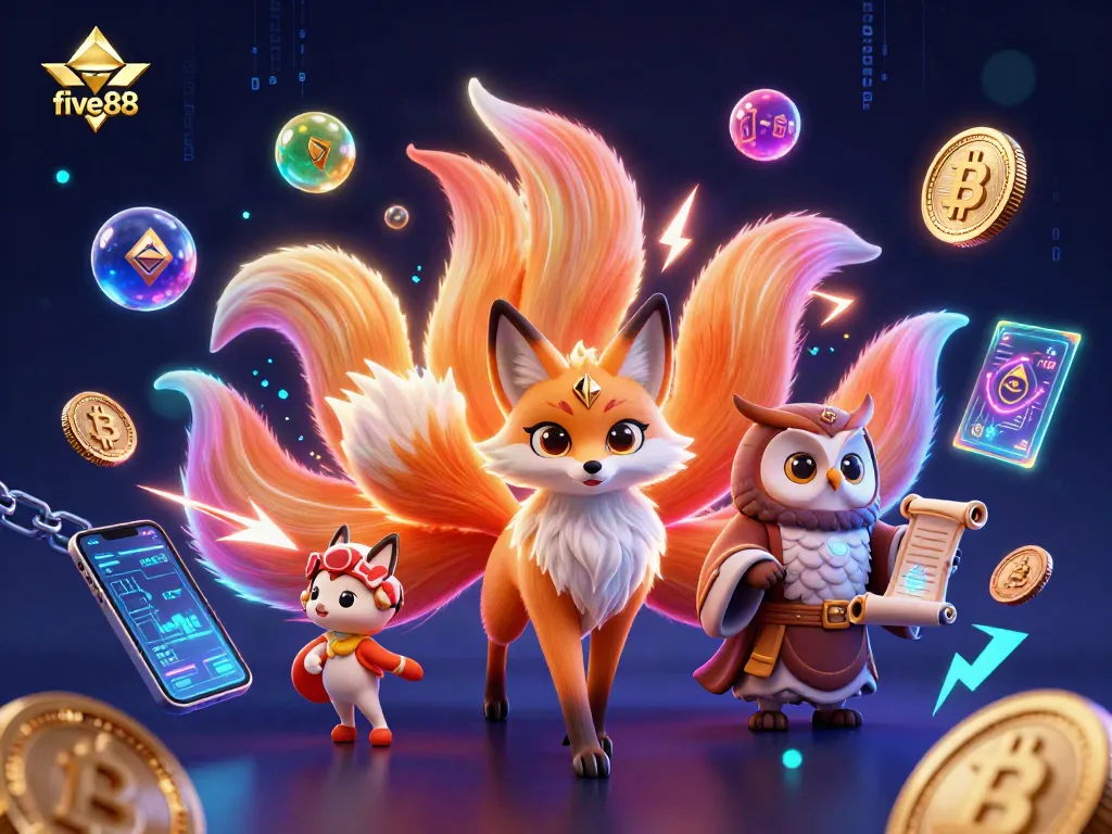 Experience thrilling wins at five 88, featuring a magical fox spirit in a vibrant casino setting.