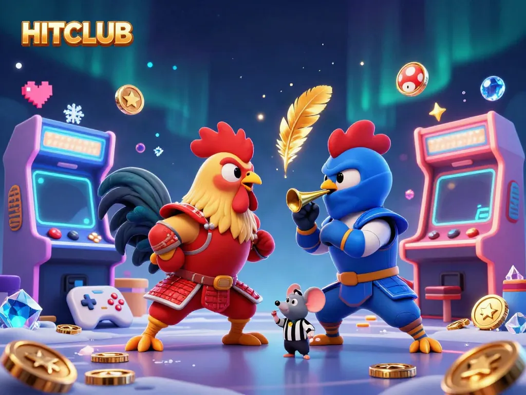 Engage in exciting gameplay with HITCLUB featuring cartoon roosters battling in a colorful arcade.