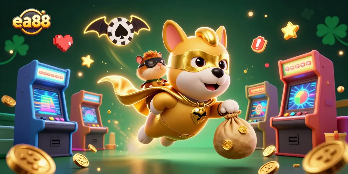 Experience exciting gold-winning moments with ea88 as a superhero dog soars through a vibrant casino world.