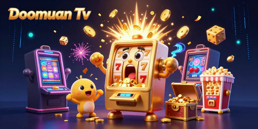 Doomuan Tv delivers an exciting jackpot celebration with a golden slot machine and cheering characters amidst a vibrant casino scene.