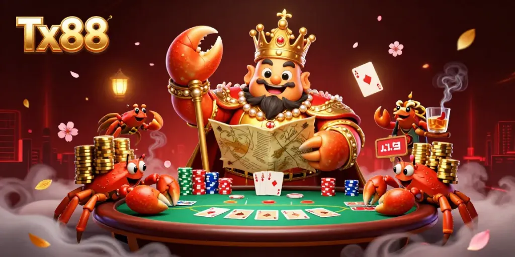 Experience Tx88 in a vibrant 3D casino scene with a golden crab emperor and poker elements.