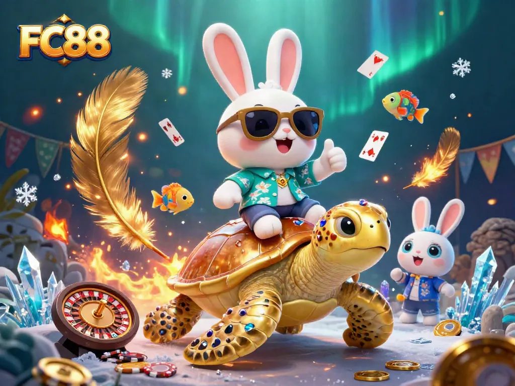 FC88 lucky rabbit and golden turtle in vibrant casino scene, celebrating with game elements.