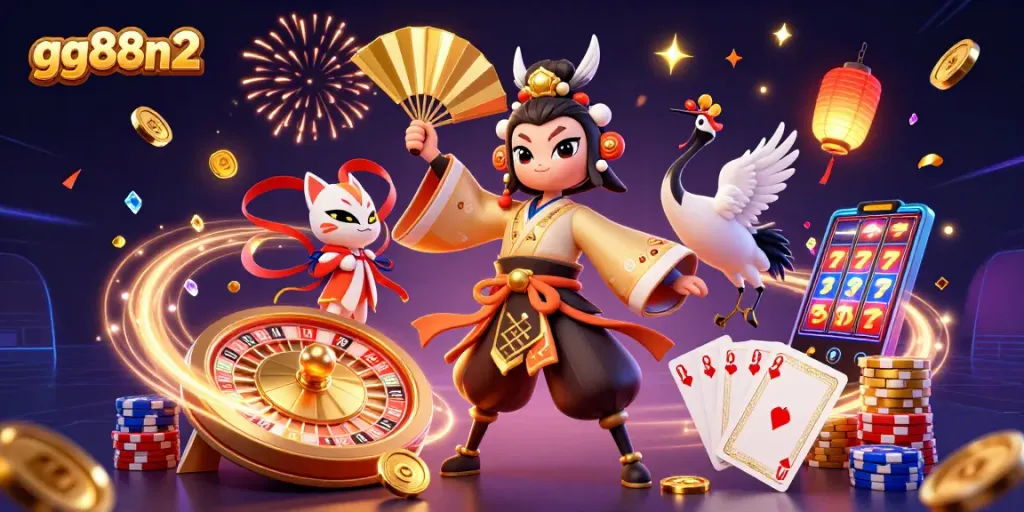 Win big at gg88n2 with a lively 3D casino scene featuring kabuki warriors and rich game elements.