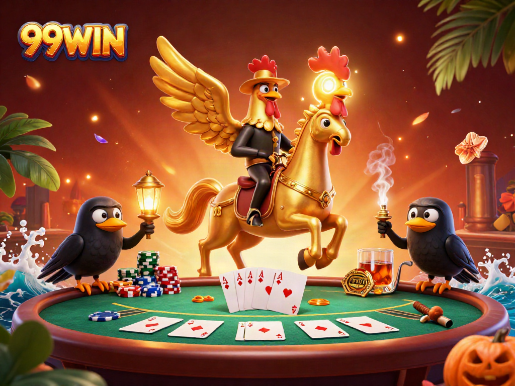 Engage with 99WIN's casino excitement featuring golden rooster characters, poker elements, and vibrant casino atmosphere.