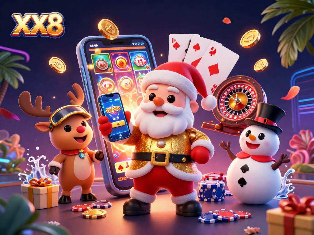 Join XX8 in a festive casino scene with Santa, reindeer, and snowman celebrating jackpot slots!