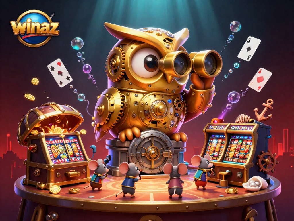 Winaz casino scene with a golden owl, slot machines, and lively game elements.