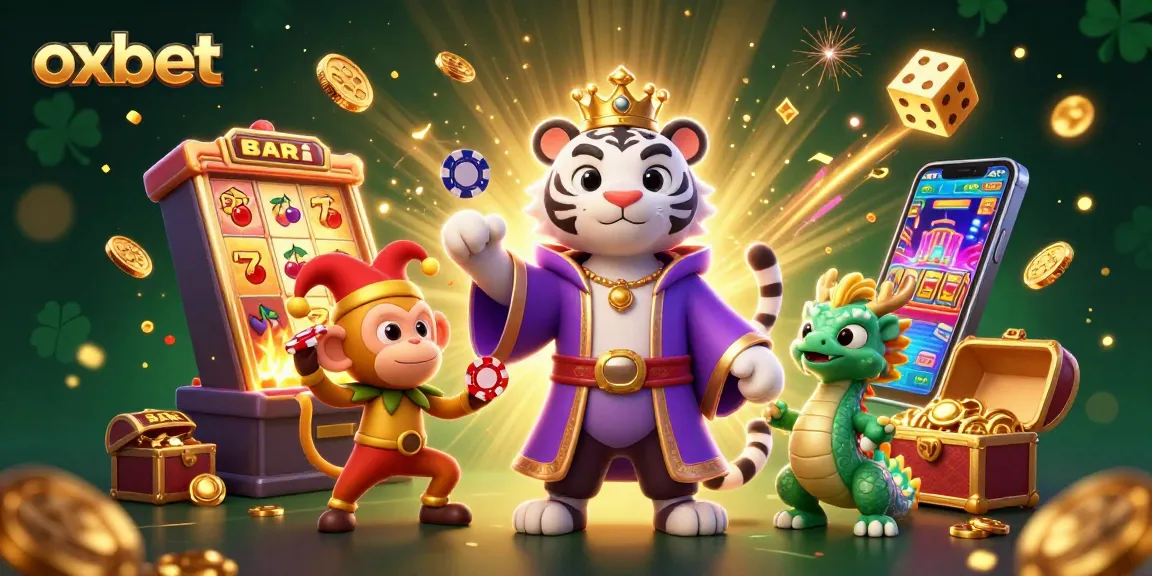 Experience the excitement of oxbet with a lively casino scene featuring a royal tiger and playful monkey.