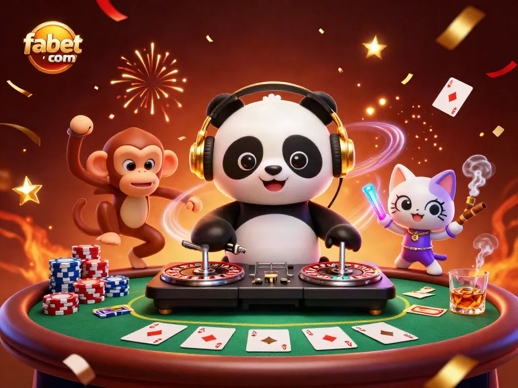 Engage with fabet com's vibrant gaming art featuring DJ panda, monkey, and kitten in an animated casino scene.