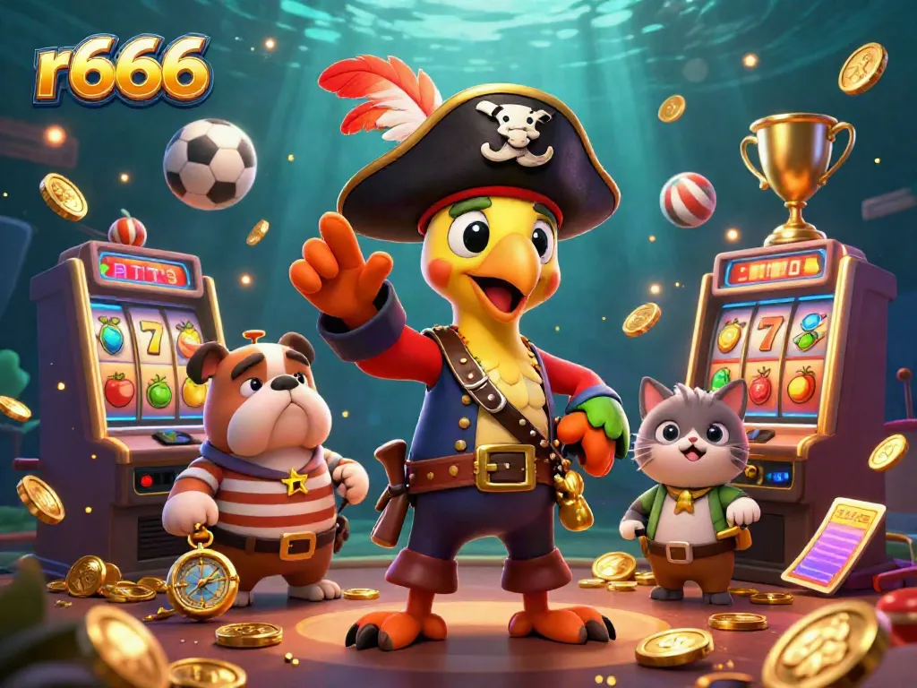 Experience r666 gaming with vibrant casino characters surrounded by dynamic slot and sport elements.