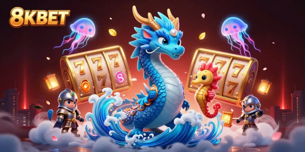 8KBET showcases a vibrant 3D illustration of an azure water dragon, seahorse knight, and jellyfish amidst slots, representing thrilling opportunities.