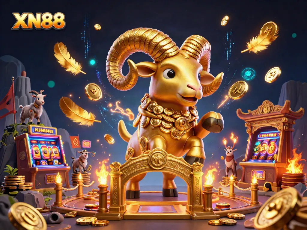 Experience excitement with XN88's golden ram charging through a vibrant casino scene.