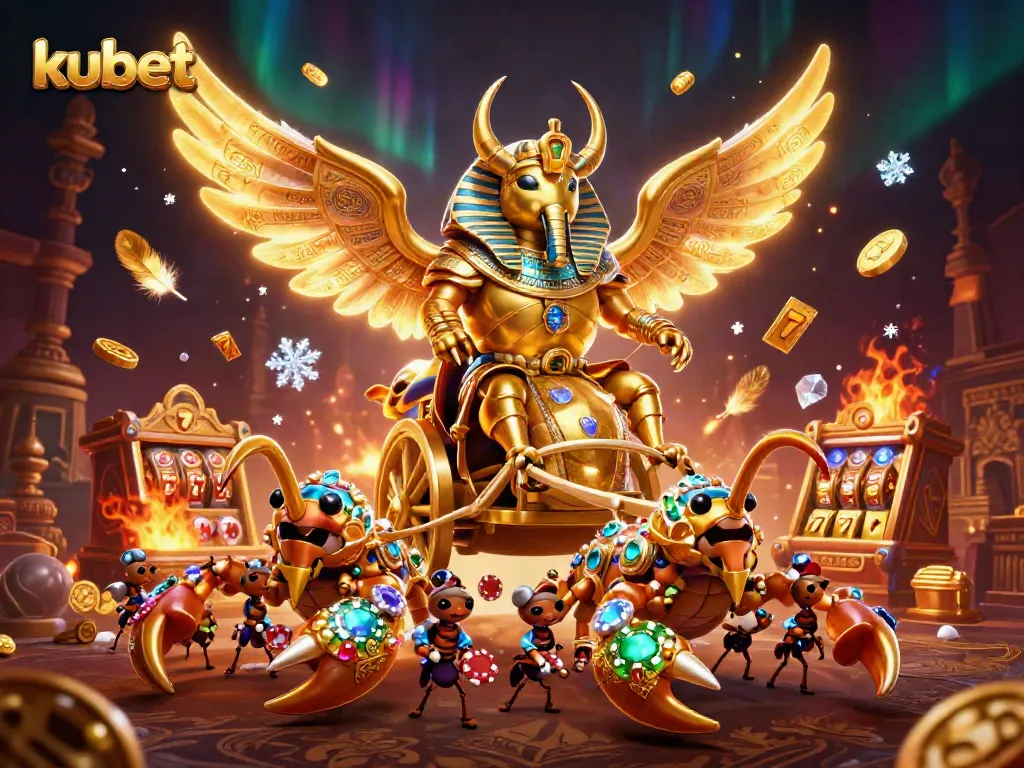 Experience thrilling gaming action at kubet with vibrant 3D illustration of a colossal scarab beetle and casino elements.