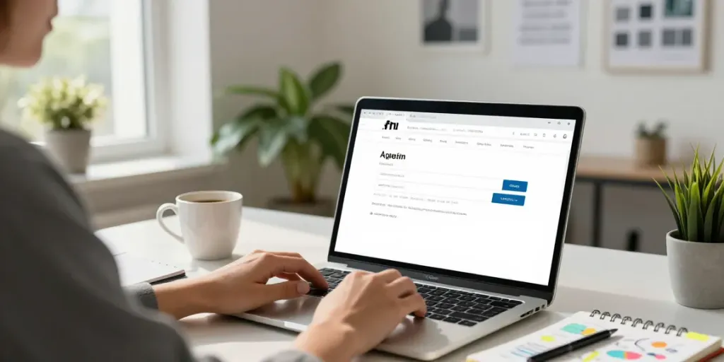 Professionele werkruimte voor domeinnaam registreren met laptop en aantekeningen.