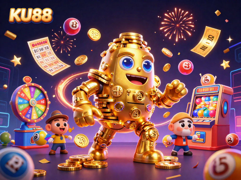 Experience the excitement of KU88 with a golden golem and vibrant lottery elements in a dynamic scene.
