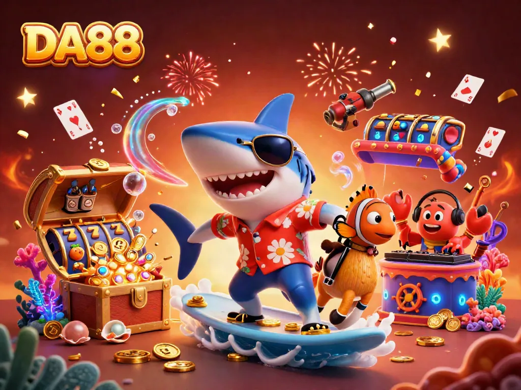 Engage in vibrant slot action at DA88 with dynamic characters surfing on gold coins.