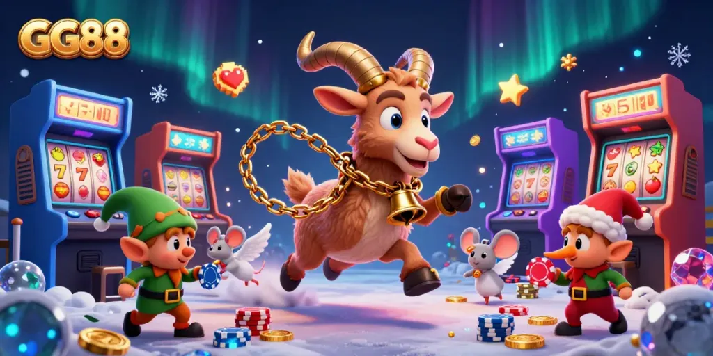 GG88 enhances the festive scene as a Krampus goat in a spooky casino engages players in slot games.