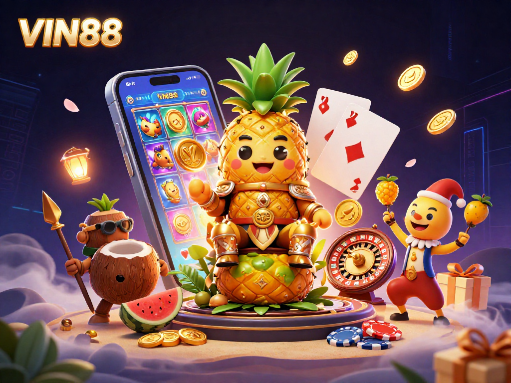 Experience the vibrant world of VIN88 where the golden pineapple king reigns over thrilling slot adventures and casino magic.