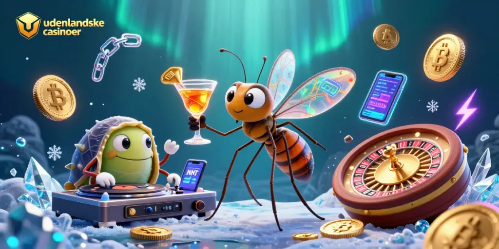 Engage with udenlandske casinoer through a vibrant underwater casino scene showcasing unique characters and crypto elements.