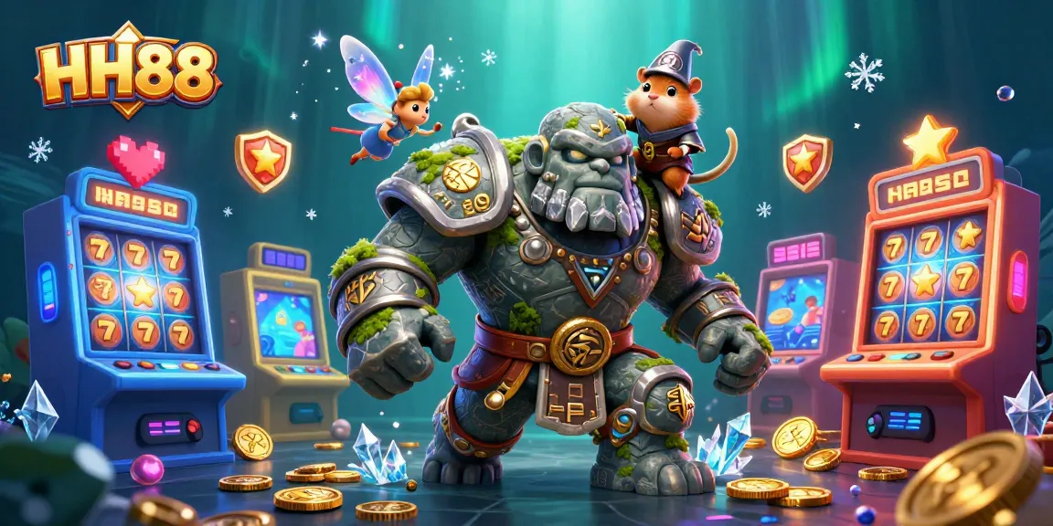 Experience the thrill of HH88 with vibrant slot machines and magical characters in a captivating 3D casino scene.