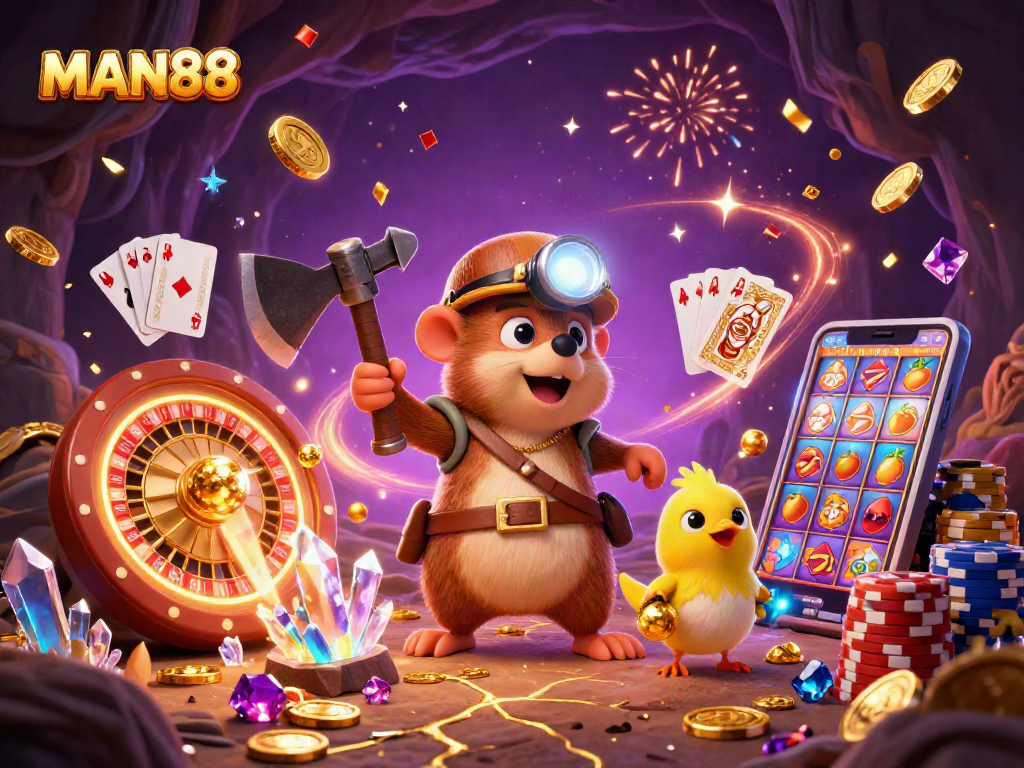 Experience thrilling wins with MAN88's treasure hunting mole in a vibrant casino scene