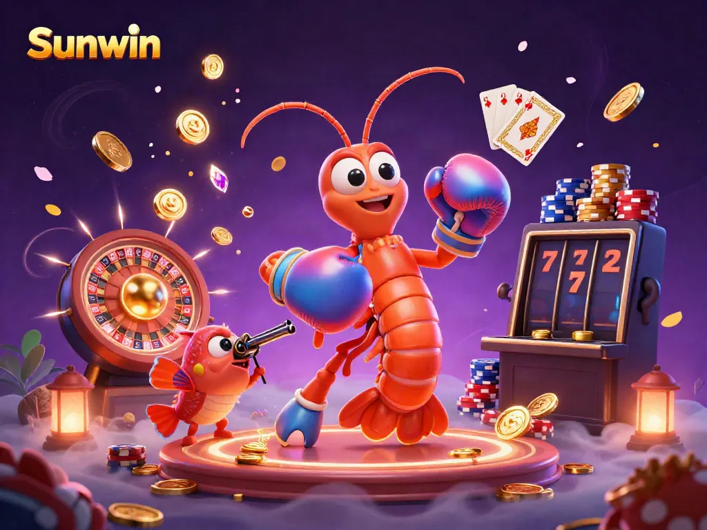 Experience the excitement of Sunwin with vibrant casino-themed 3D characters and dynamic gambling elements.