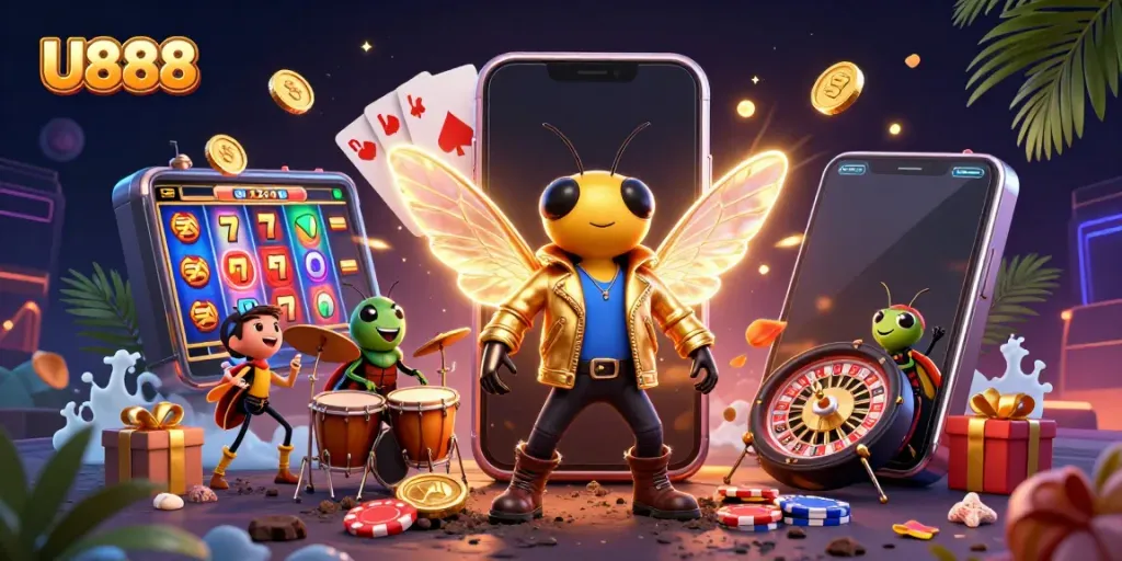 Play exciting slot games with U888 as a cicada rock star entertains at the casino.