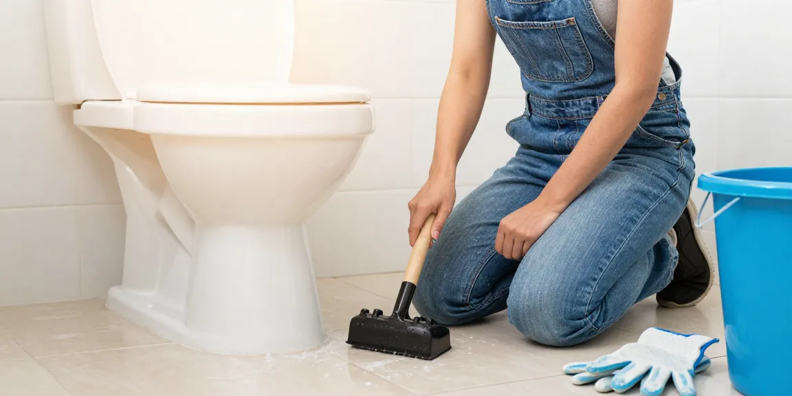 Verstopte wc ontstoppen in een heldere badkamer met een persoon die een plunjer gebruikt.