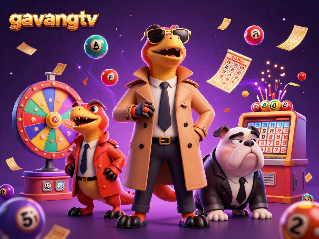Experience the thrilling vibes of gavangtv with raptors in a trench coat entering a casino, amidst vibrant lottery elements.