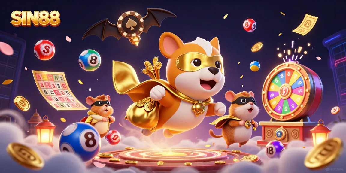 SIN88 casino vibes sparkle as a superhero dog flies with gold coins, surrounded by festive gaming elements.