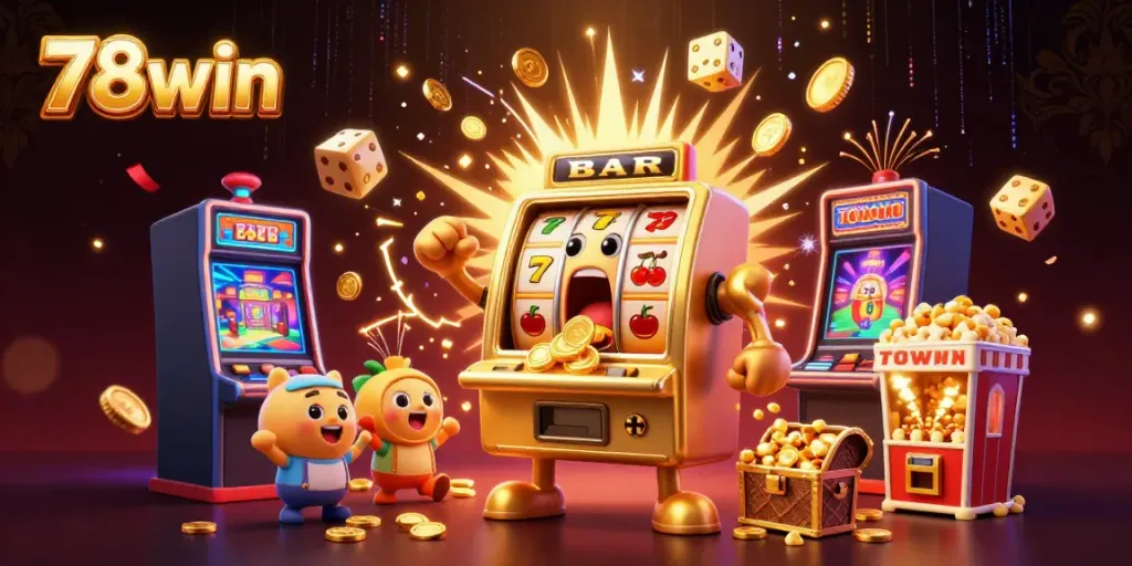 Experience the excitement of 78win as a cartoon slot machine hits a jackpot surrounded by cheering machines and vibrant casino elements.