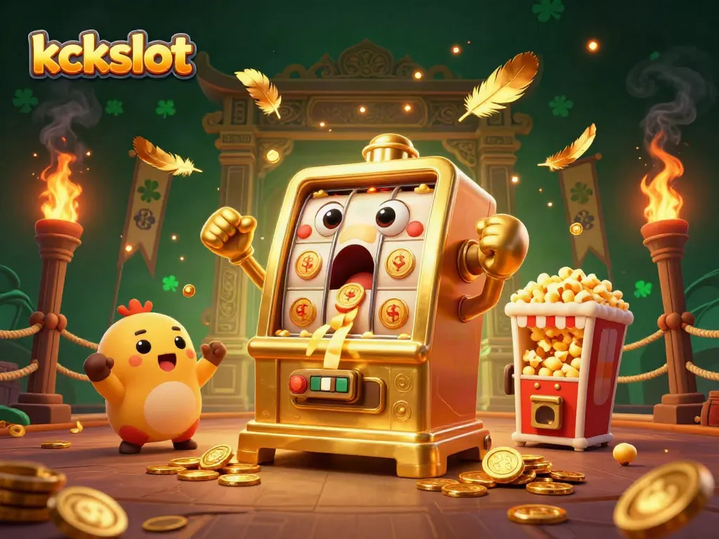 Merayakan kemenangan jackpot di kckslot dengan mesin slot emas dan suasana bermain yang meriah.