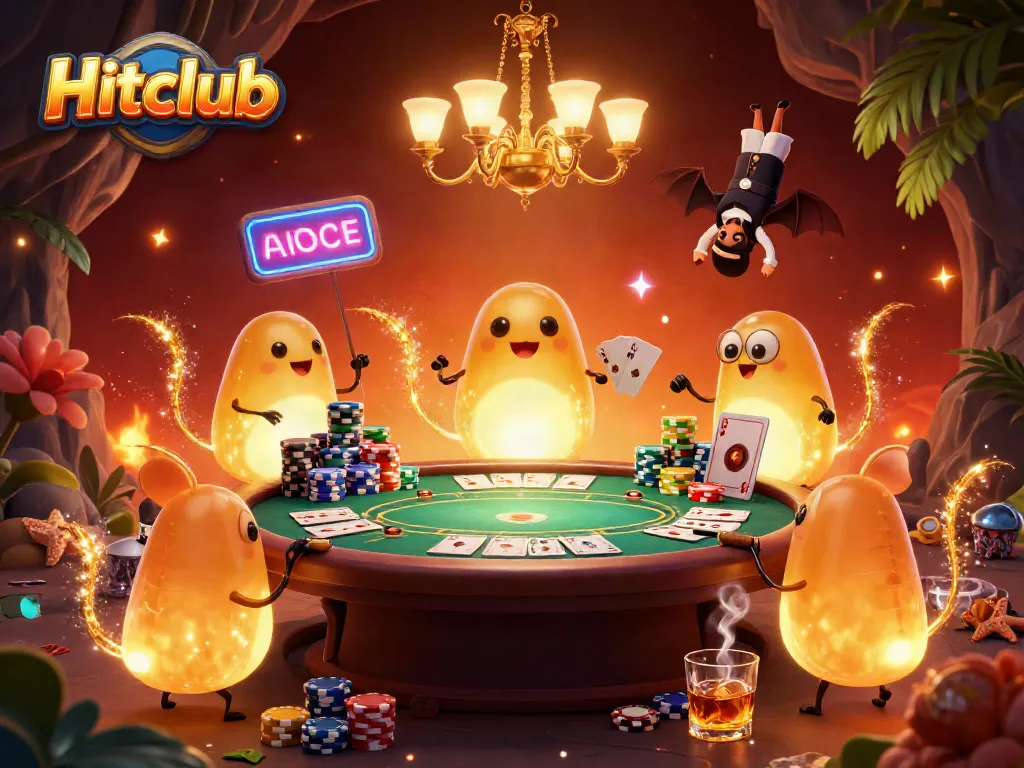 Hitclub glows in a vibrant casino setting with cartoon characters illuminating the game.