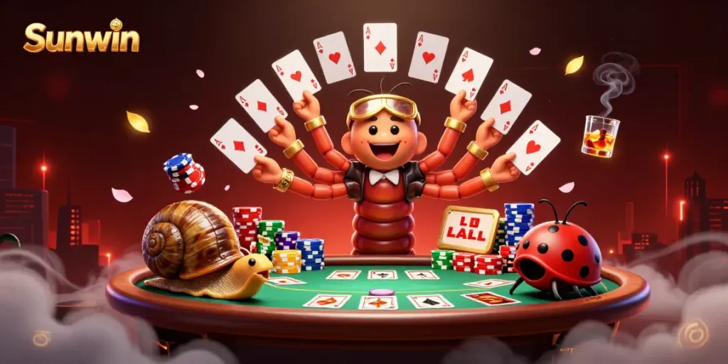 Engage in dynamic gaming at Sunwin with a colorful 3D cartoon casino scene featuring a unique millipede dealer.