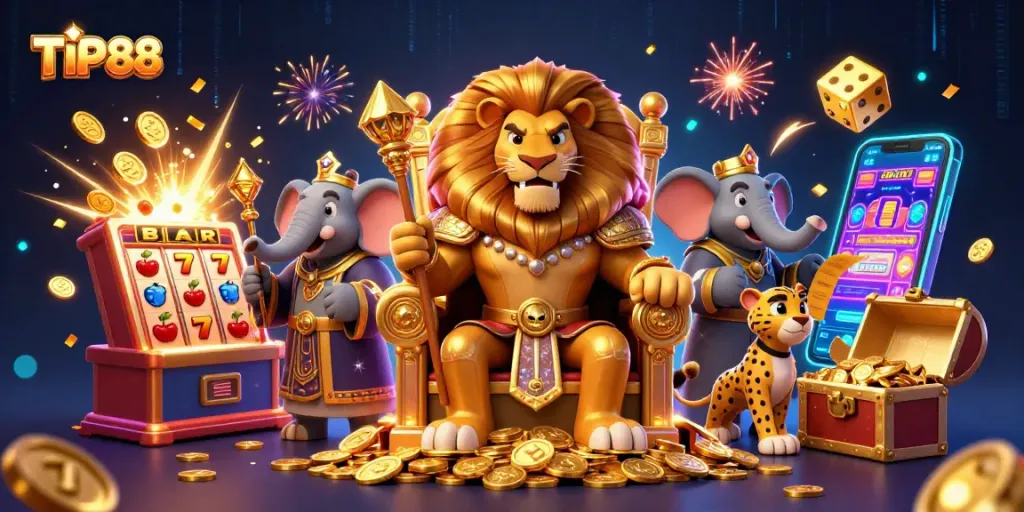 Experience the excitement of TIP88 with a vibrant 3D illustration showcasing thrilling casino games and characters.