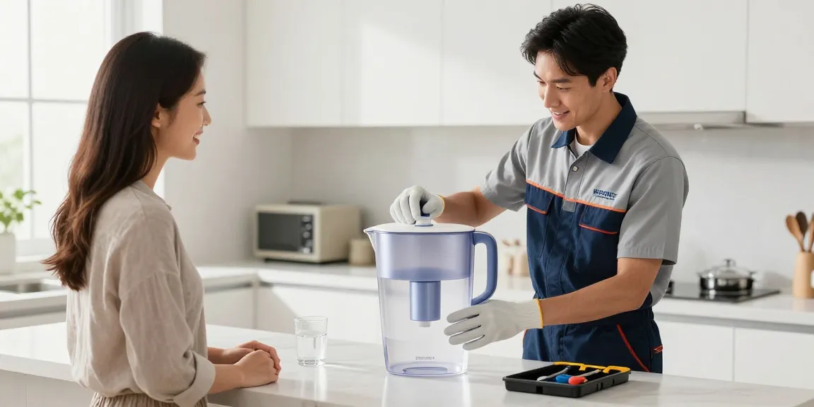 Local services technician expertly installing Waterdrop ED01AW Electric Water Filter Pitcher at a community-focused home.