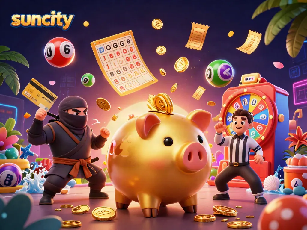 Join the fun at suncity with a sumo wrestler and ninja battling over casino fortune in a vibrant scene.