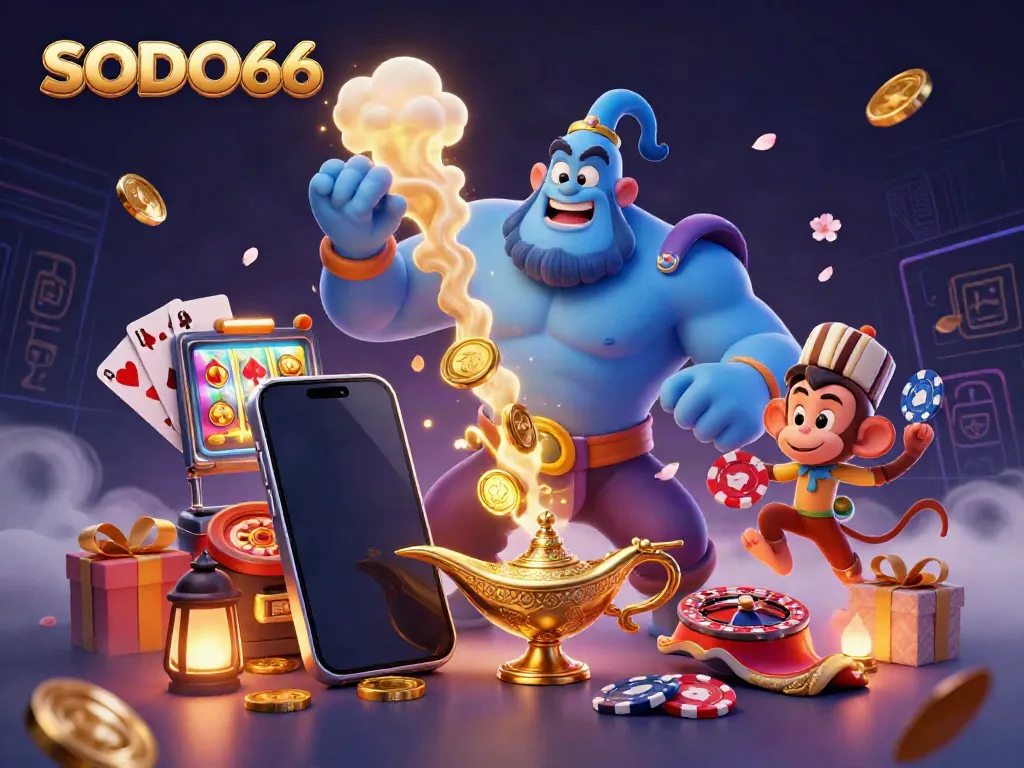 SODO66 interactive gaming scene featuring a muscular genie, monkey, and magic carpet amidst vibrant casino elements.