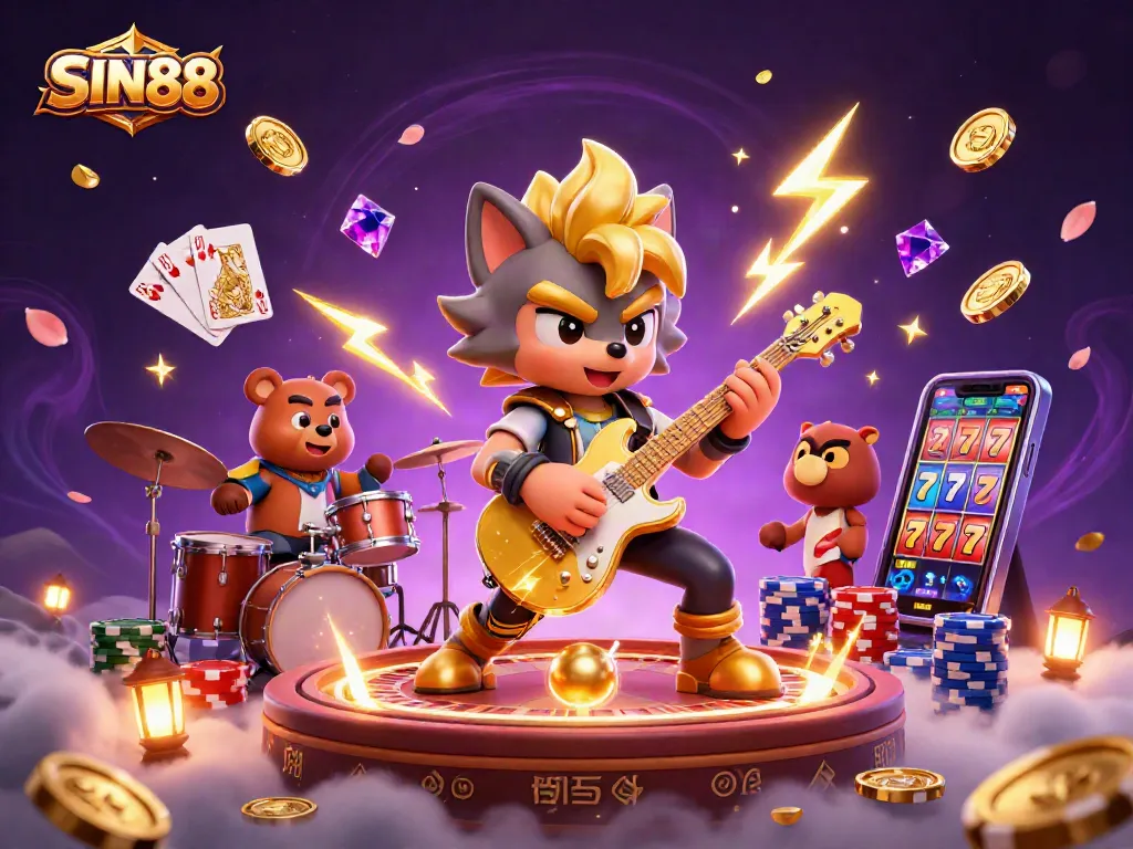 SIN88 brings excitement with a rockstar wolf and drummer bear on a casino stage surrounded by dynamic gambling elements.