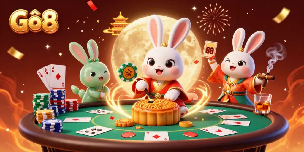 Experience exciting gameplay in Gô8 with a festive casino scene featuring poker elements and dynamic characters.