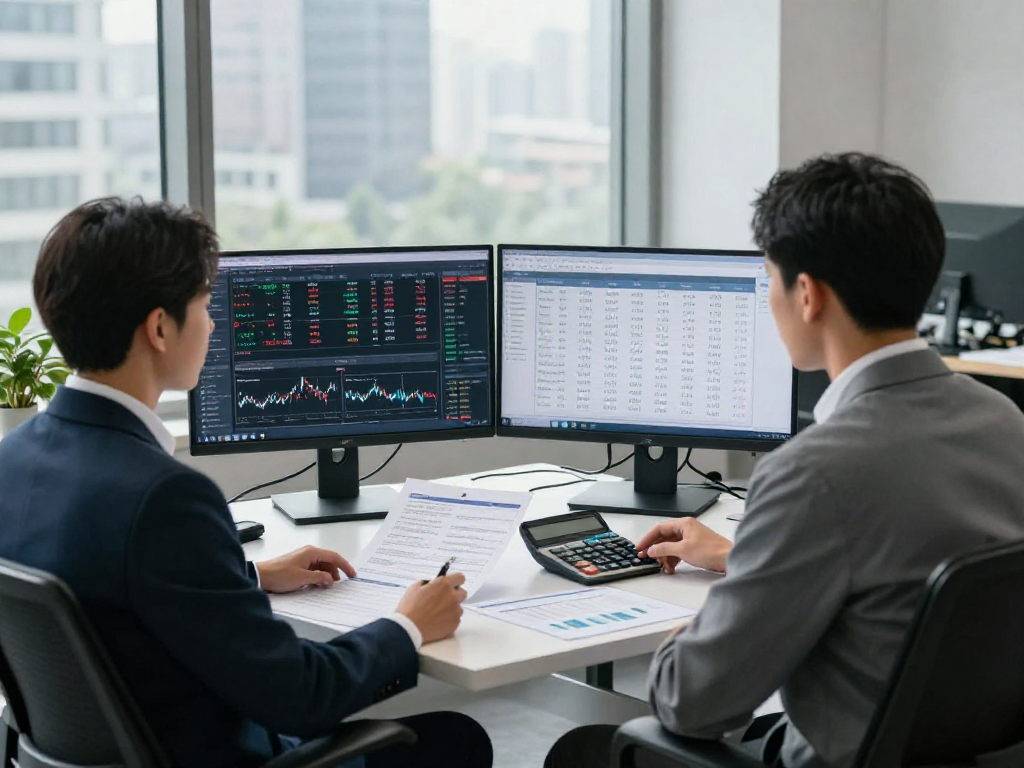 Vergelijk actuele rente sparen met een financieel analist aan een modern bureau, rekenmachine en rapporten aanwezig.