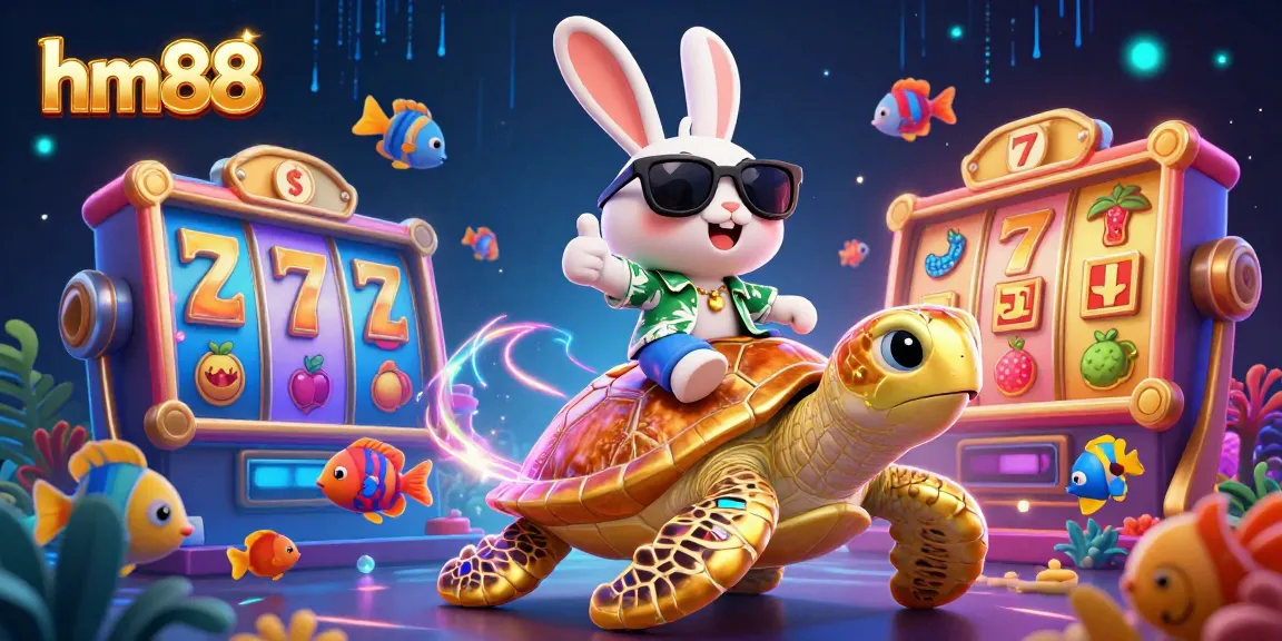 Spin slots and win big at hm88 with the lucky rabbit and golden sea turtle in a vibrant digital casino scene.