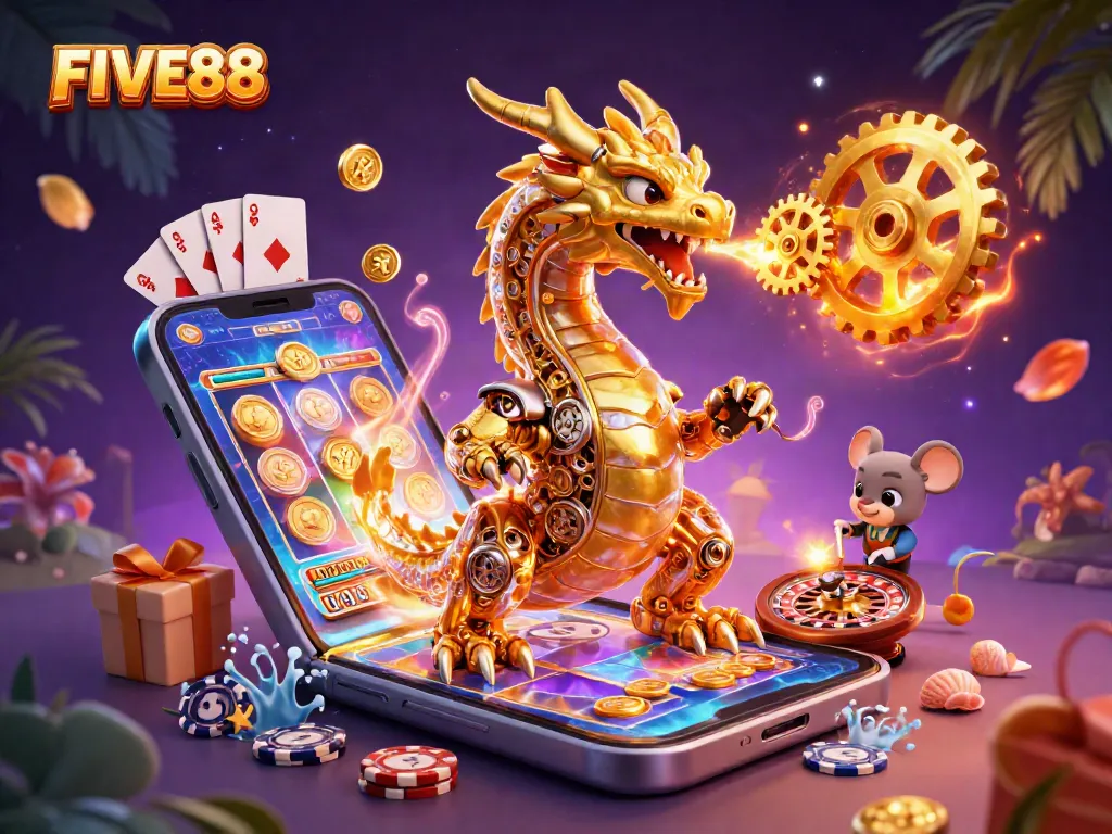 Engage with FIVE88, featuring a golden dragon and vibrant slots in an illustrated casino scene.