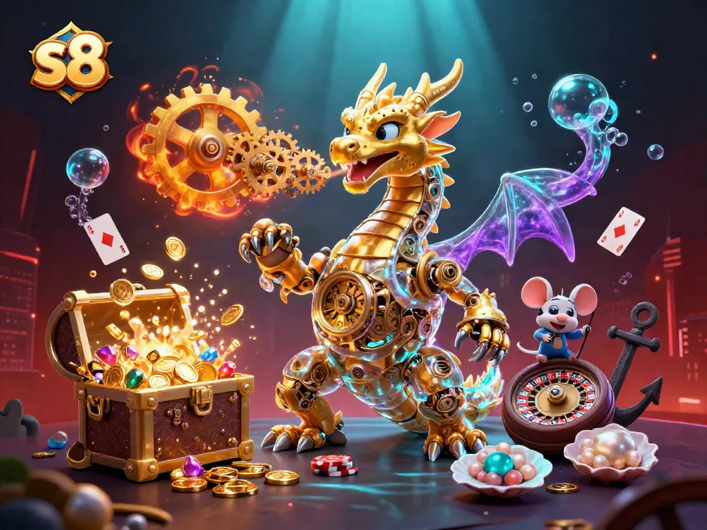 Experience the excitement of s8 with a chaotic scene of a biomechanical dragon amid vibrant casino elements and treasures.