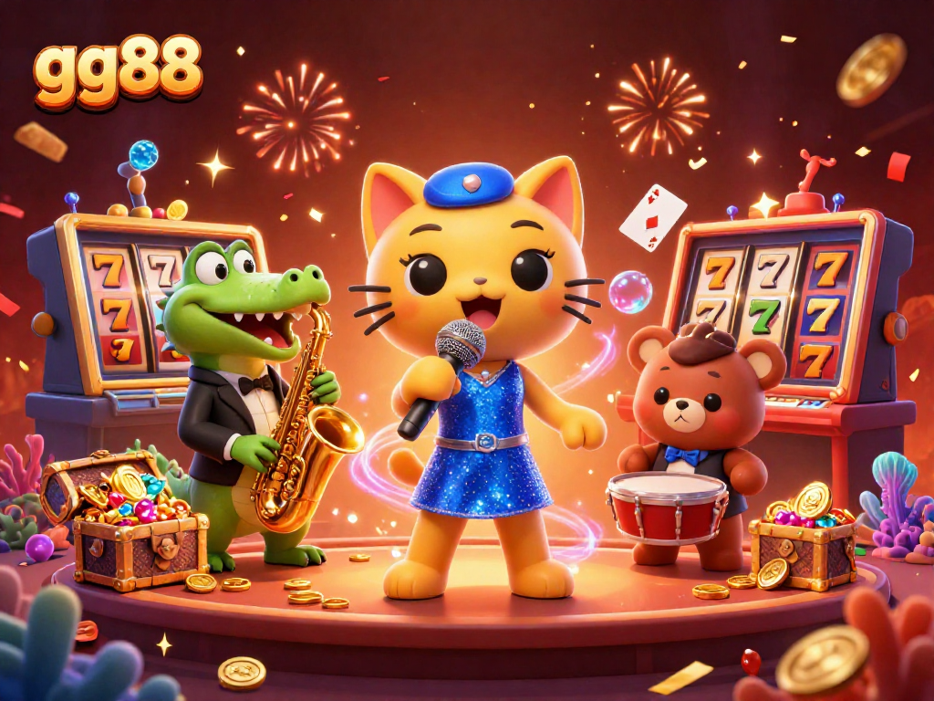 Experience the excitement of gg88 with a vibrant casino scene featuring jazz-singer cat and friends.