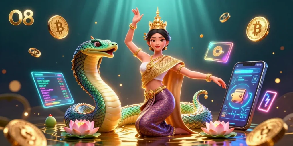 Play engaging casino games like O8 with this vibrant 3D illustration featuring crypto elements.