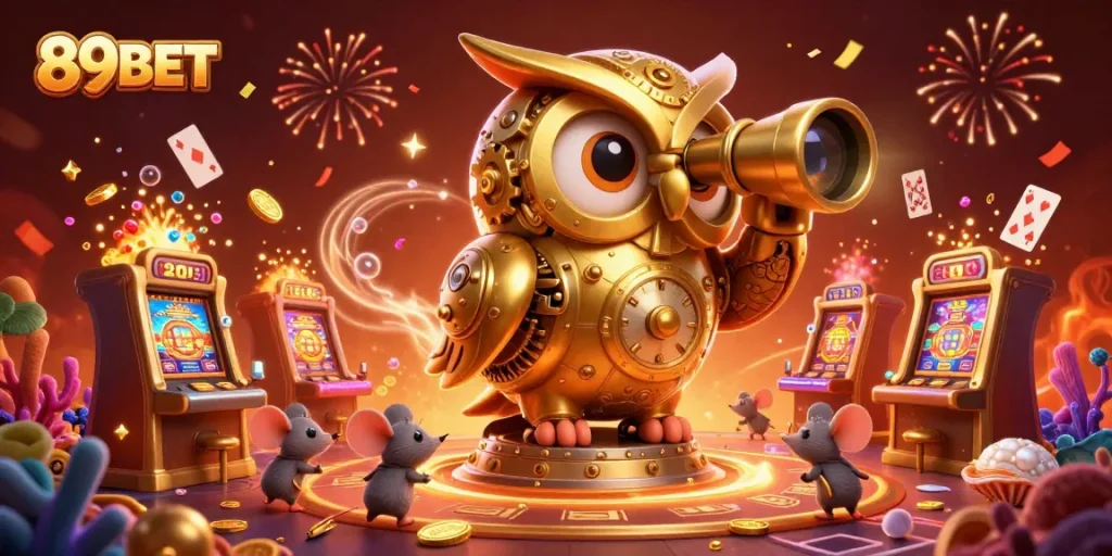 Experience thrilling wins at 89BET with a dynamic cartoon casino scene featuring a golden owl and slot machines.